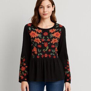 American Eagle Floral Embroidered Peplum Blouse Large Black Bell Sleeve Boho